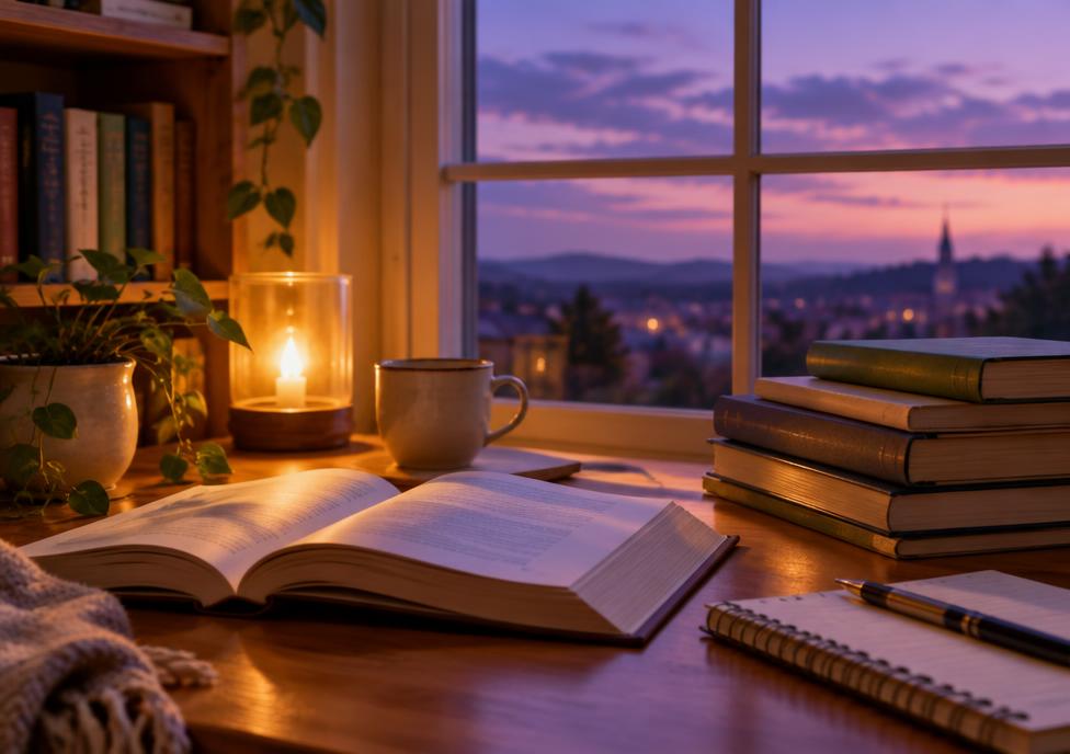 Open books by a window at dusk with a warm lamp glowing
