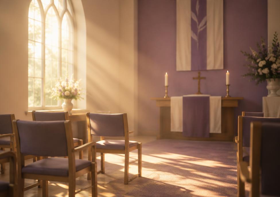 Soft light streaming through chapel windows onto a calm, welcoming room