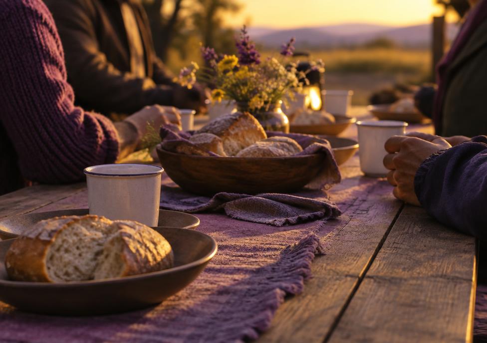 A shared meal on a long table set in warm golden evening light